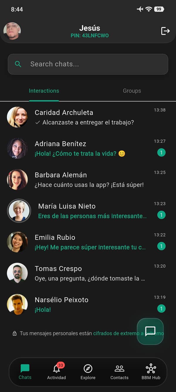 Pin Messenger – Interfaz principal de la app de mensajería privada